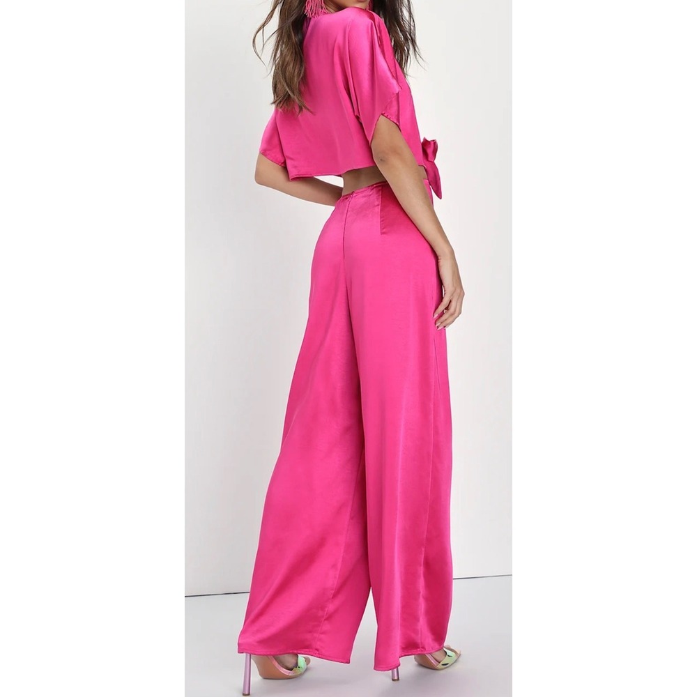 NWT Lulus Size Small Flirt For Fun Fuchsia Tie-Front Two-Piece Wide-Leg Jumpsuit - Picture 2 of 9